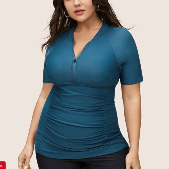 BloomChic Zipper Raglan Sleeve Ruched Swim Top - Picture 2 of 3